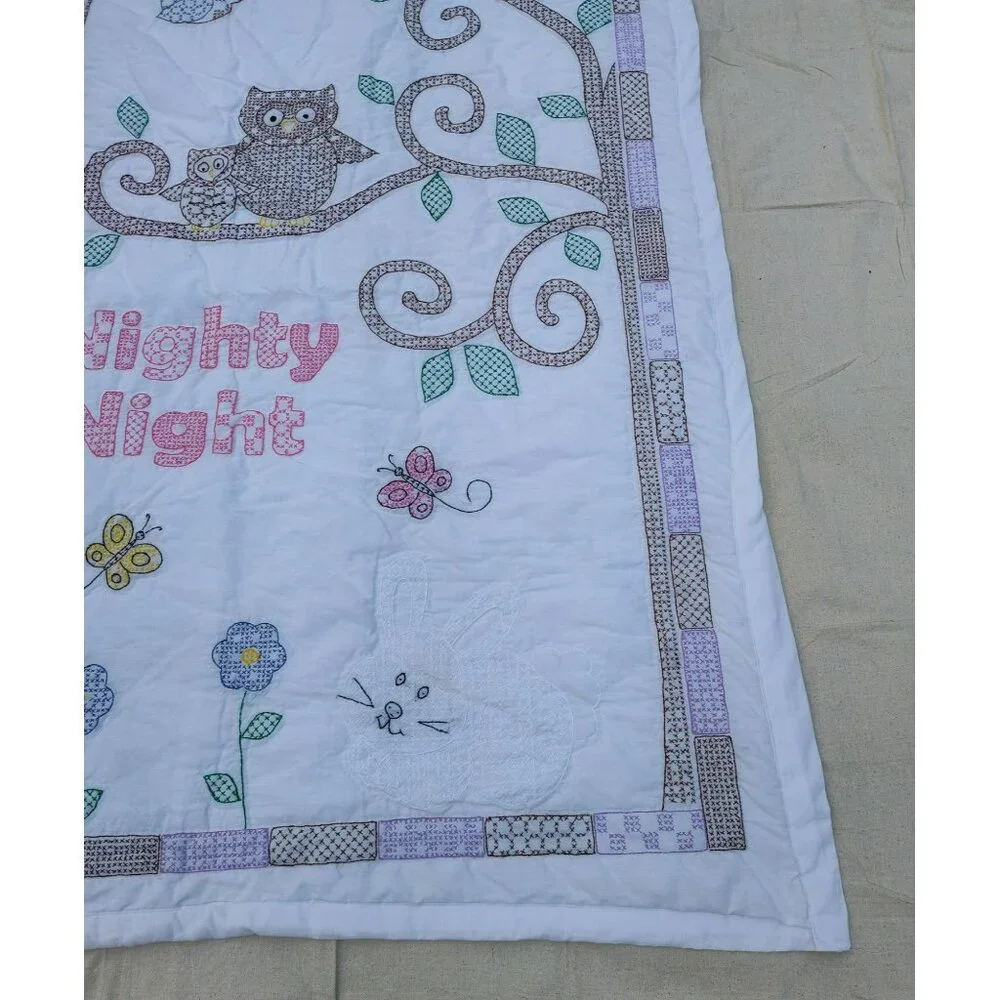 Handmade Baby Quilt, Embroidered Owl Flower Tree Nighty Night, White, 40
